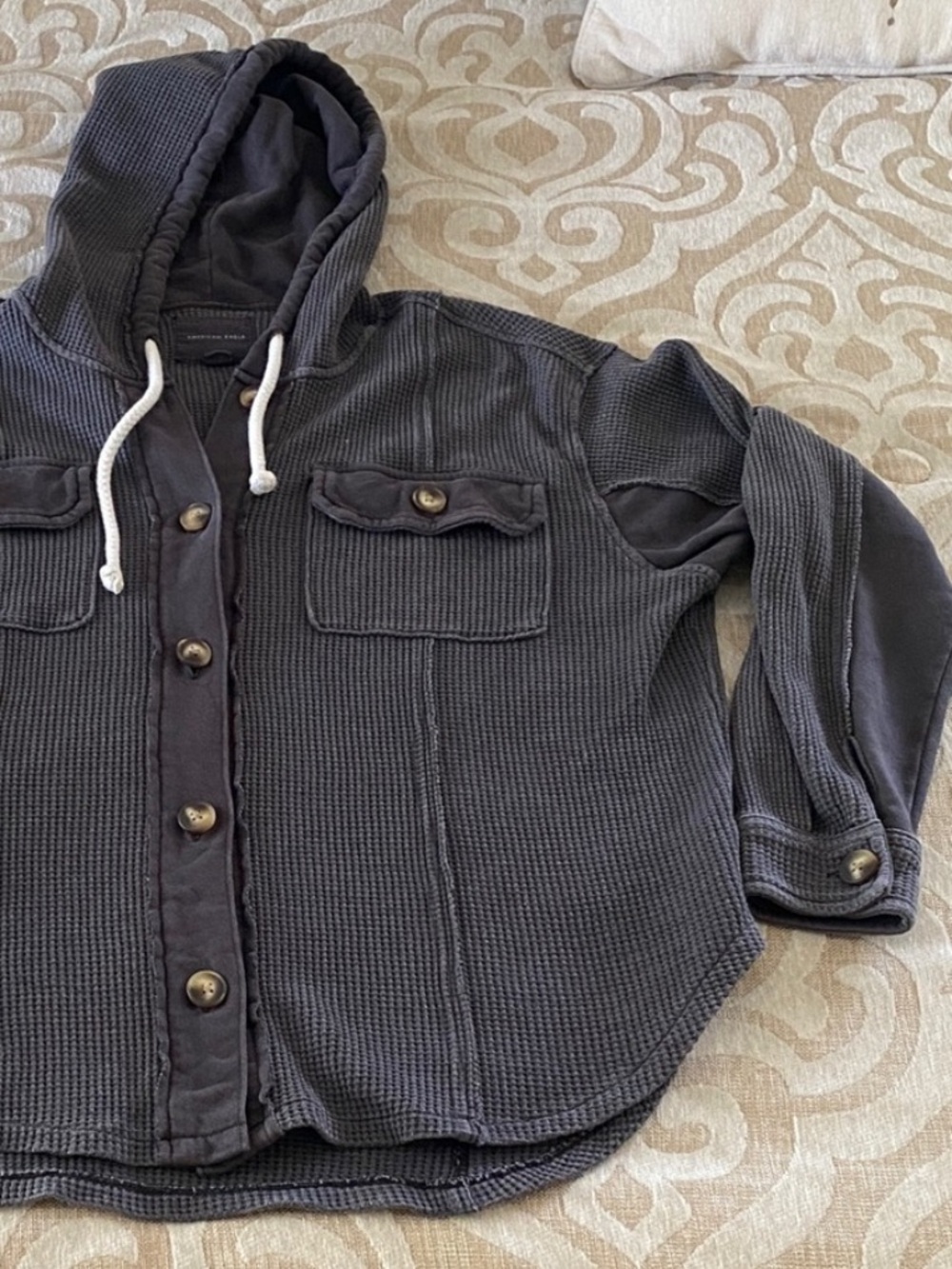 American Eagle Charcoal Waffle Knit Hooded Shacket Size Small Oversized - Picture 11 of 11
